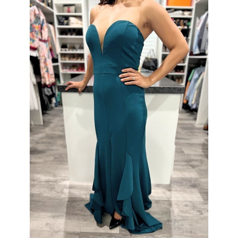 NWT Symphony Teal Green Ruffled Strapless Formal Gown $178 - Picture 6 of 11